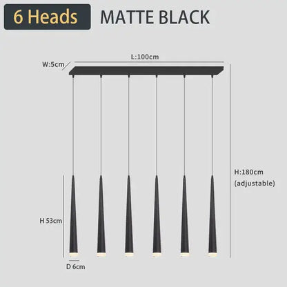 Matte black six-head decorbites black led ceiling chandelier with slender conical shades and adjustable height for living room lighting