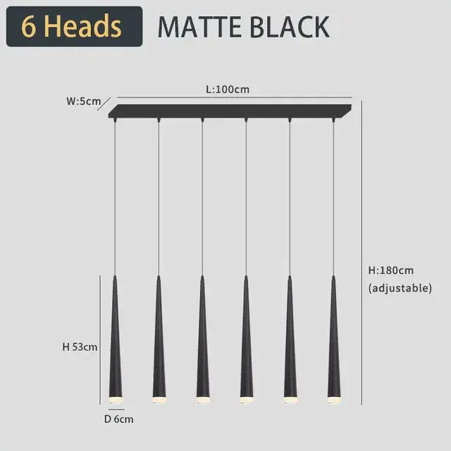 Matte black six-head decorbites black led ceiling chandelier with slender conical shades and adjustable height for living room lighting