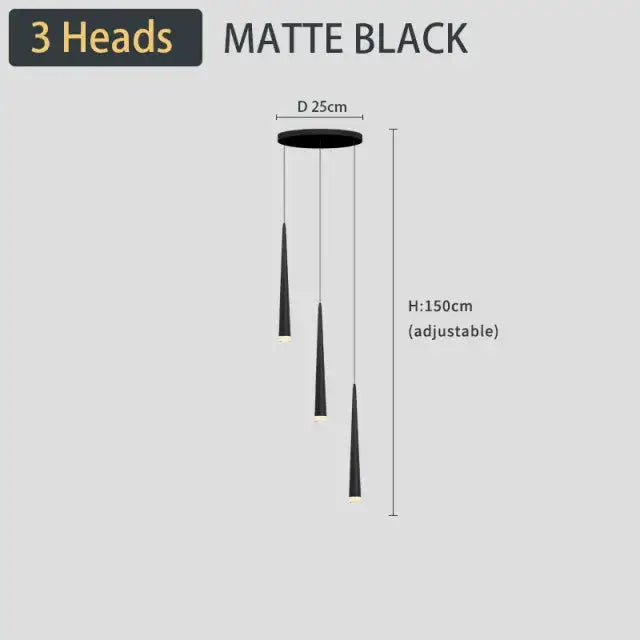 Matte black decorbites black led three-head pendant light with adjustable height and slender conical shades for living room