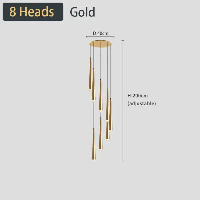 Gold-colored modern DecorBites black led ceiling chandelier with eight slender pendant lights for stylish home decor