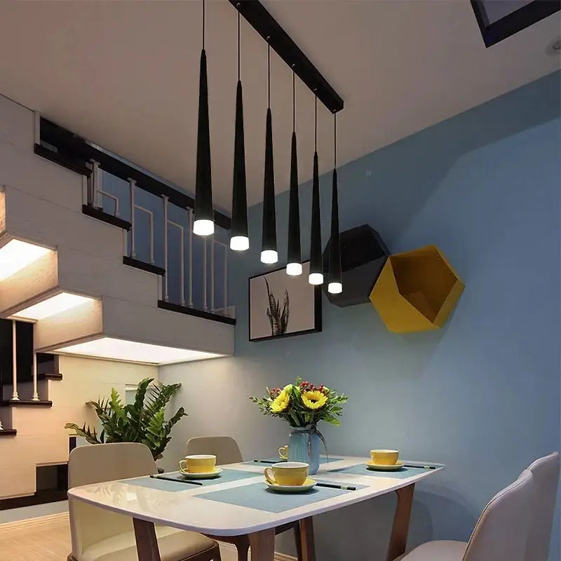 Modern black led ceiling chandelier by decorbites features sleek tapered pendant lights ideal for staircase and living room decor