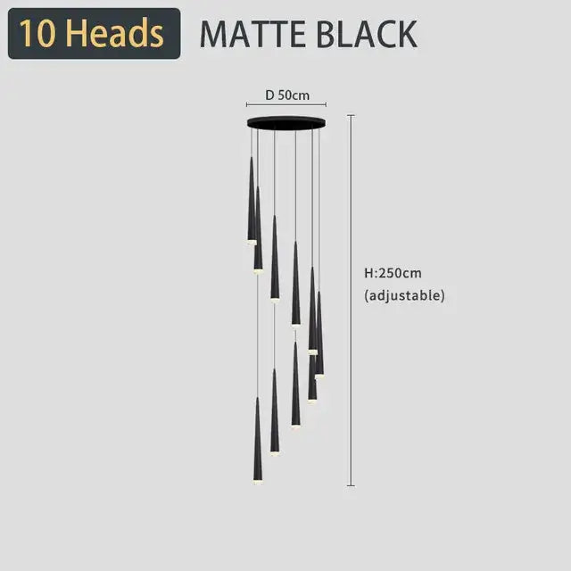 Matte black modern decorbites black led ceiling chandelier with ten tapered light heads for living room and staircase lighting