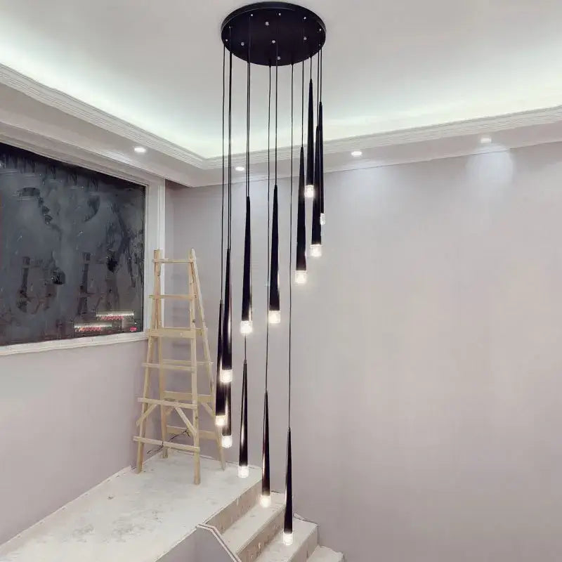 DecorBites black led ceiling chandelier with sleek tapered cylindrical shades for stylish staircase and living room lighting