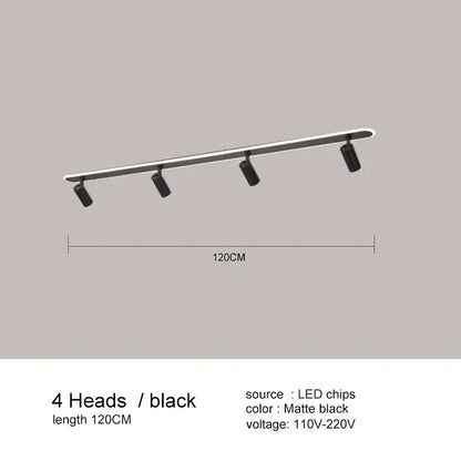 A sleek 120cm matte black decorbites black led ceiling spotlights with four adjustable heads for living spaces