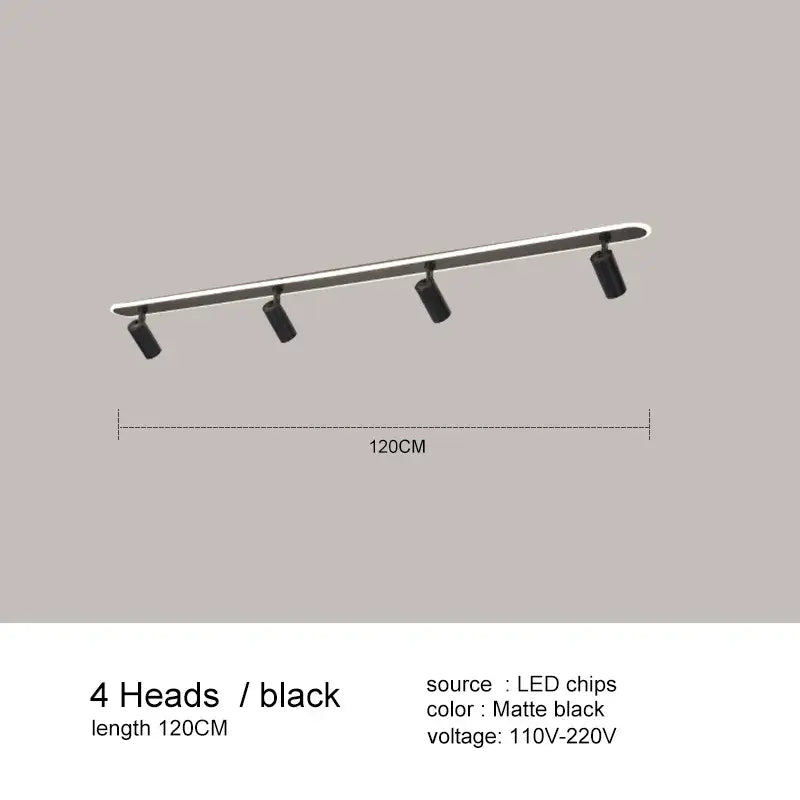 A sleek 120cm matte black decorbites black led ceiling spotlights with four adjustable heads for living spaces