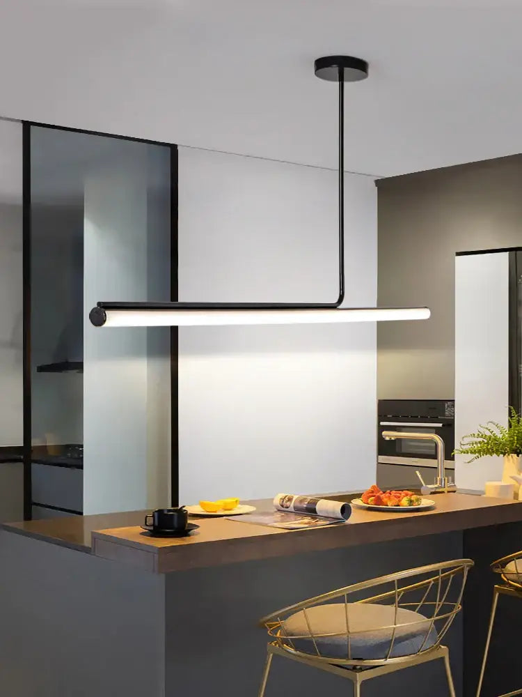 Modern decorbites black led chandelier with sleek metallic finish featuring linear black and white dimmable pendant lights