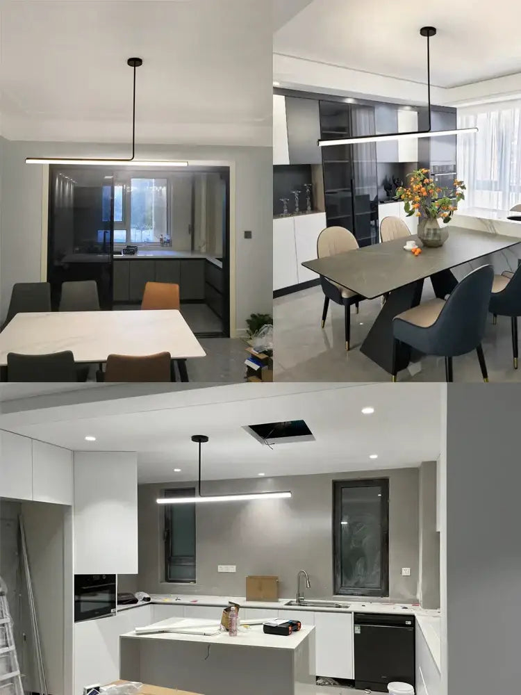 Modern minimalist decorbites black led chandelier with sleek black metal frame and rectangular led panels for dining room