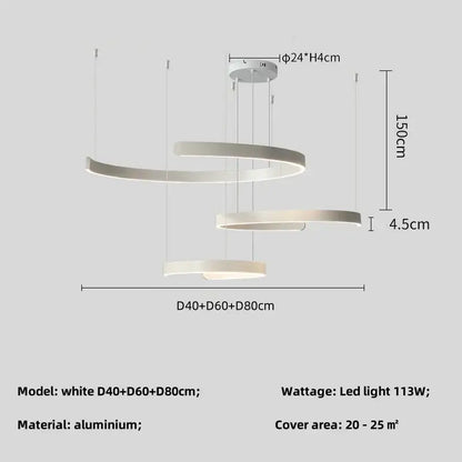 Modern white spiral led chandelier pendant light made of aluminum with sleek design for foyer stairs bar decorbites black led