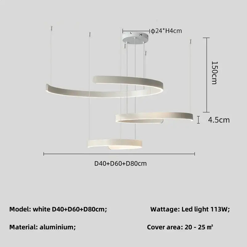 Modern white spiral led chandelier pendant light made of aluminum with sleek design for foyer stairs bar decorbites black led