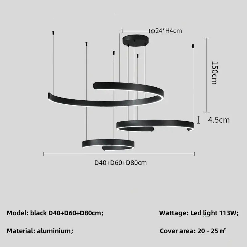 Modern black led chandelier pendant light by DecorBites made of aluminum with a sleek spiral design for indoor use