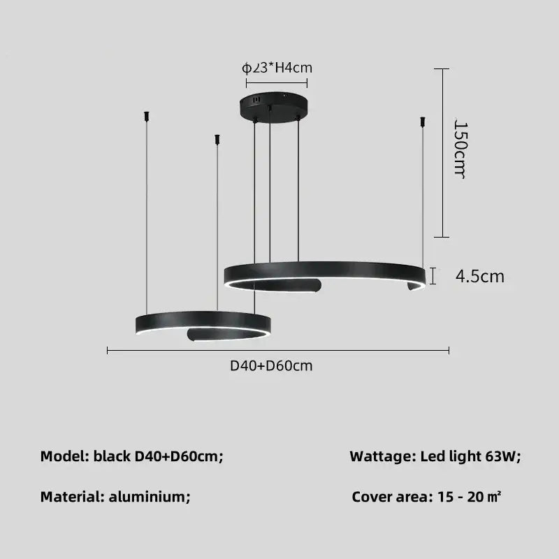 Black led chandelier pendant light by decorbites featuring minimalist aluminum rings for foyer stairs and bar lighting