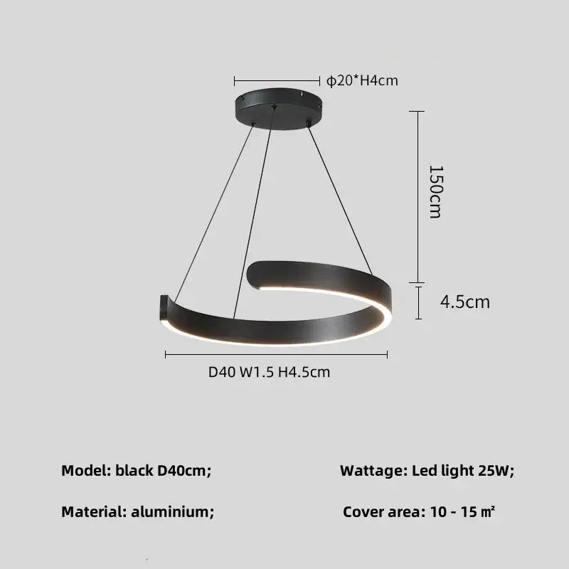 Decorbites black led chandelier pendant light with a sleek curved aluminum ring for minimalist indoor use