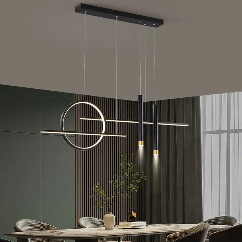 Modern black led chandelier pendant light by DecorBites with sleek gold geometric design for dining kitchen bar use