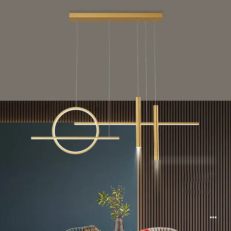 Modern gold-toned geometric pendant light with sleek linear and circular elements by DecorBites black LED chandelier