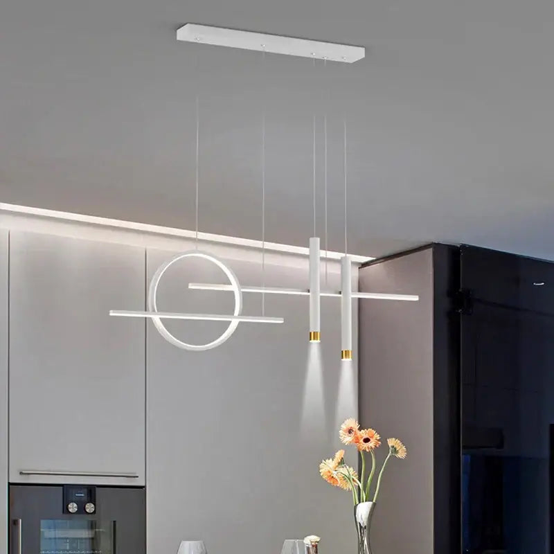 Modern white led pendant light with minimalist geometric design and gold accents in decorbites black led chandelier