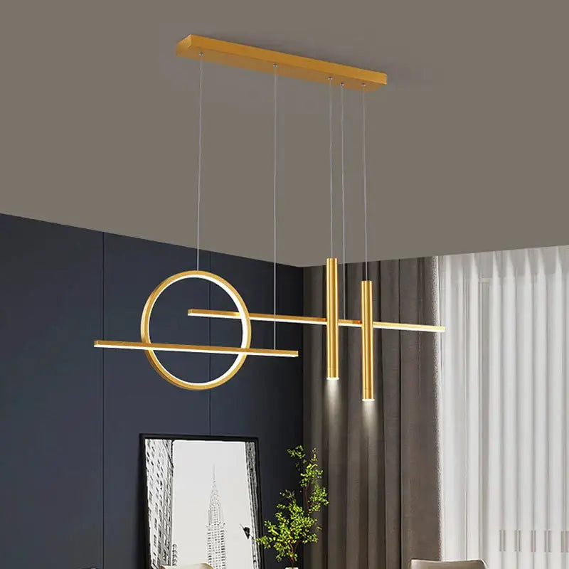 Modern gold-toned geometric DecorBites black LED chandelier pendant light with sleek linear and circular elements for dining