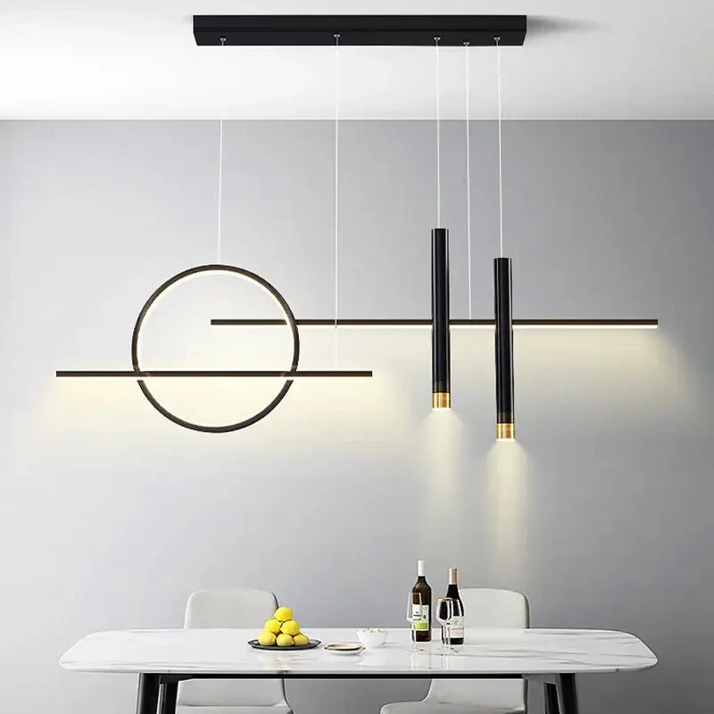 Modern decorbites black led chandelier pendant light with black and gold geometric design for dining and kitchen use