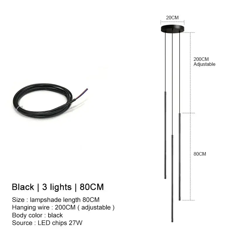 DecorBites black led chandelier pendant lights with three slender vertical led rods and adjustable 200cm hanging wire