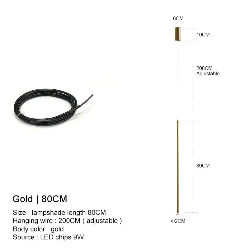 Gold-colored 80cm long pendant lights with sleek cylindrical shade and adjustable wire by DecorBites black led chandelier