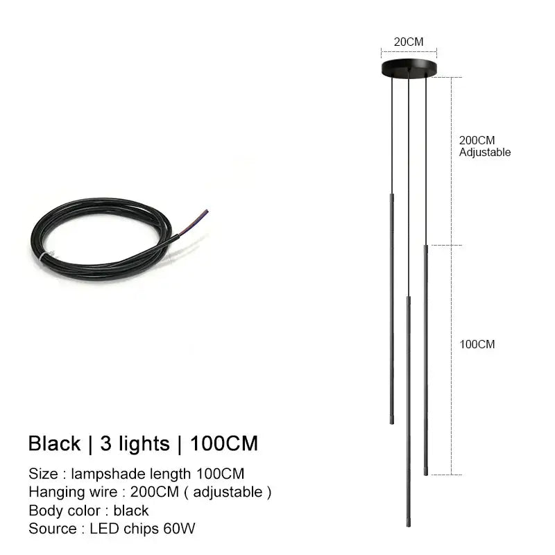 DecorBites black LED chandelier pendant lights with three slender vertical rods and circular mount for dining room and bedroom