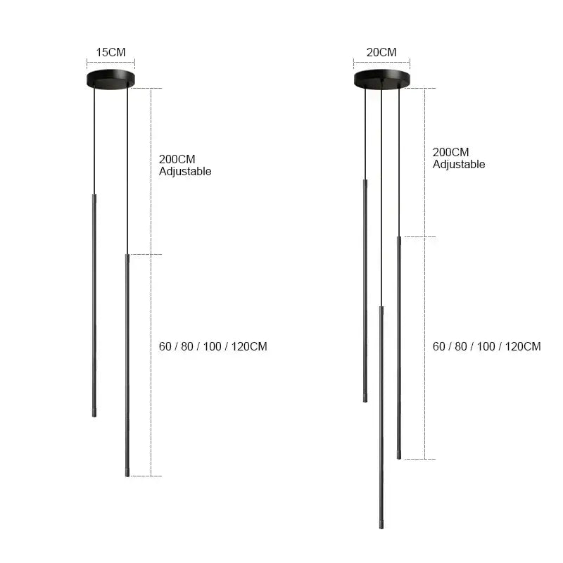 Decorbites black led chandelier pendant lights with adjustable lengths and sleek cylindrical rods for dining room and bedroom