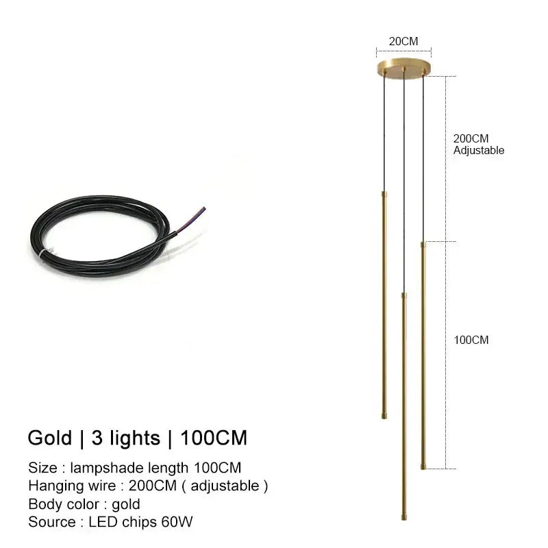 Gold-colored decorbites black led chandelier pendant lights with three rods and adjustable wire for dining room and bedroom