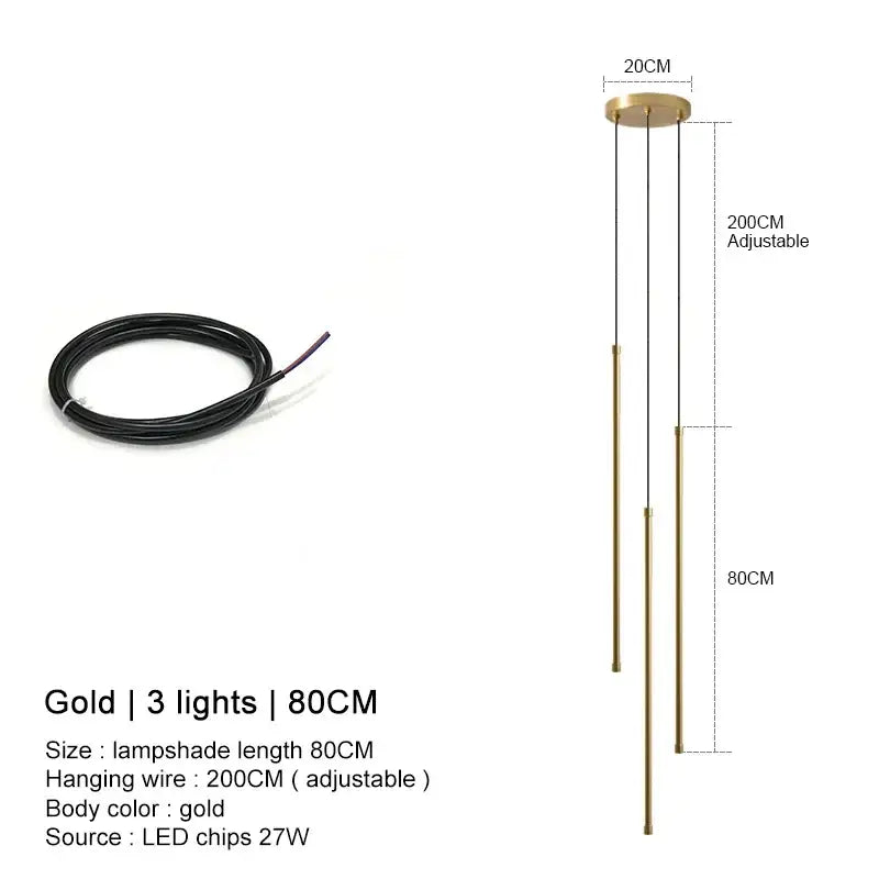 Gold-colored modern pendant lights with three slender rods and 200cm adjustable wire for DecorBites black led chandelier