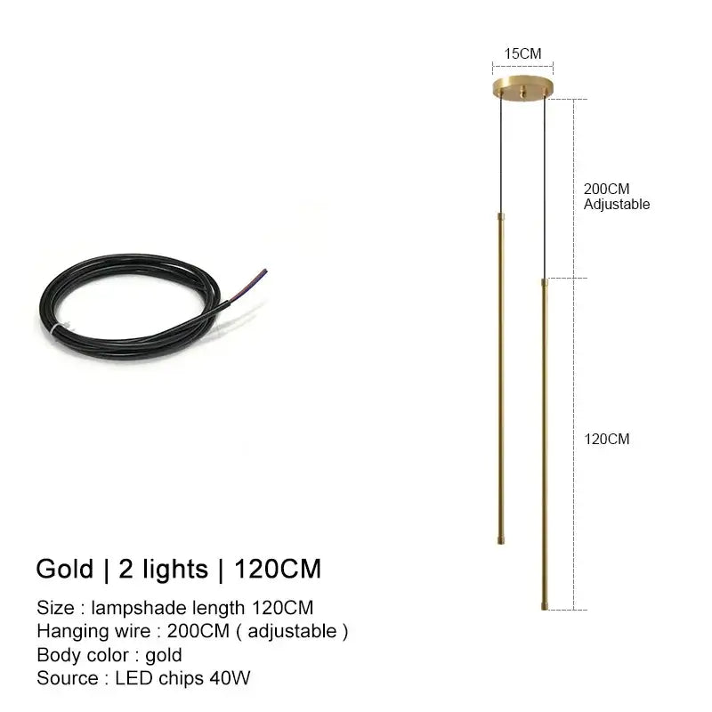 Gold-colored modern pendant lights with two vertical led lights and 120cm adjustable wire by decorbites black led chandelier