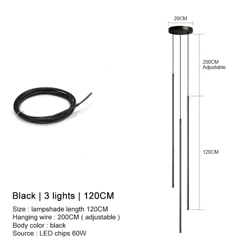 Decorbites black led chandelier pendant lights with three vertical led rods and adjustable 200cm wire for dining room and bedroom
