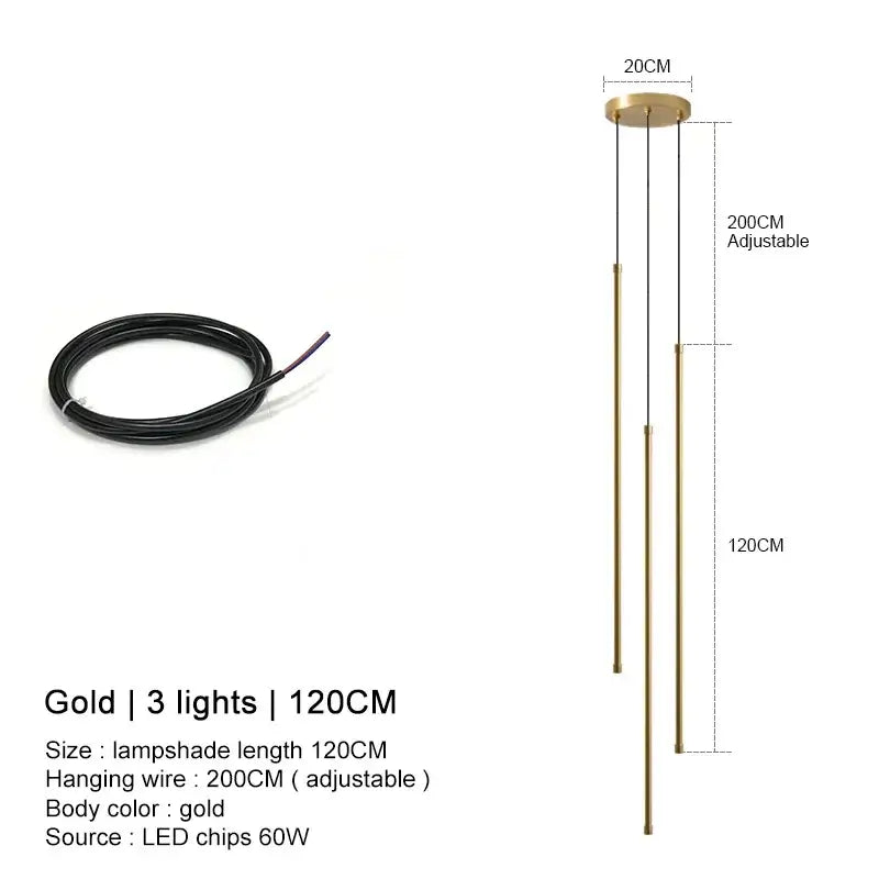 Gold-colored modern pendant lights with three slender rods and adjustable wire by DecorBites black LED chandelier