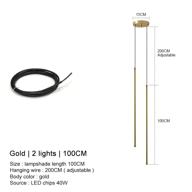 Gold-colored modern pendant lights with two led lights and adjustable wire from DecorBites black led chandelier series