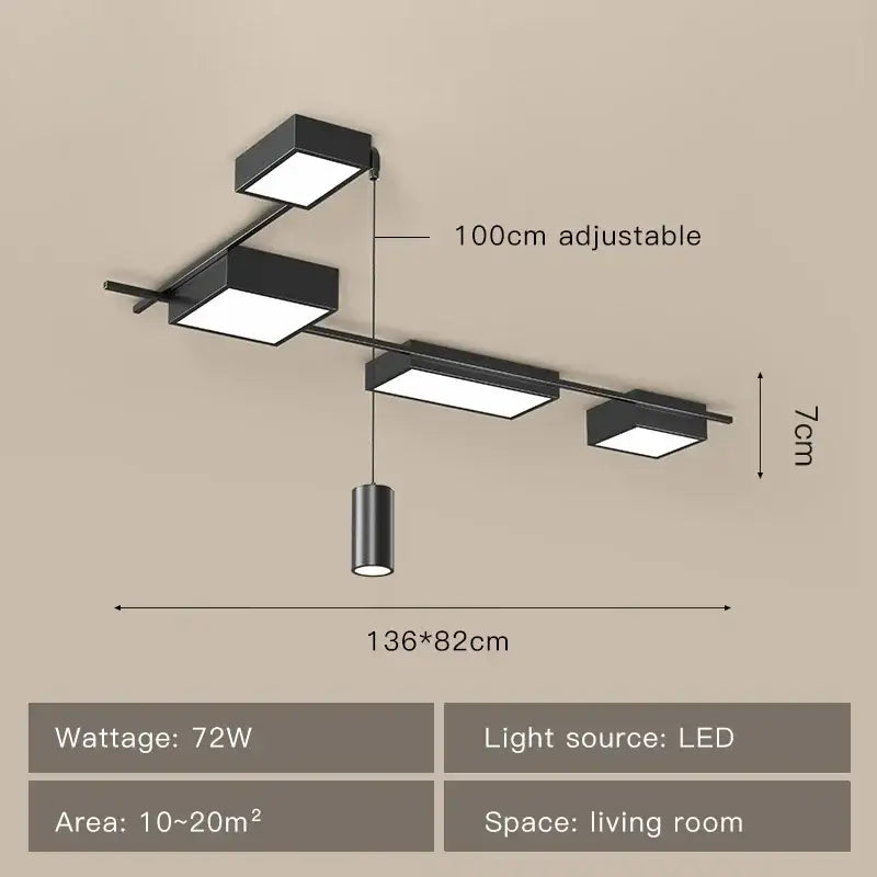 Modern decorbites black led chandelier with multiple square and cylindrical fixtures for indoor lighting
