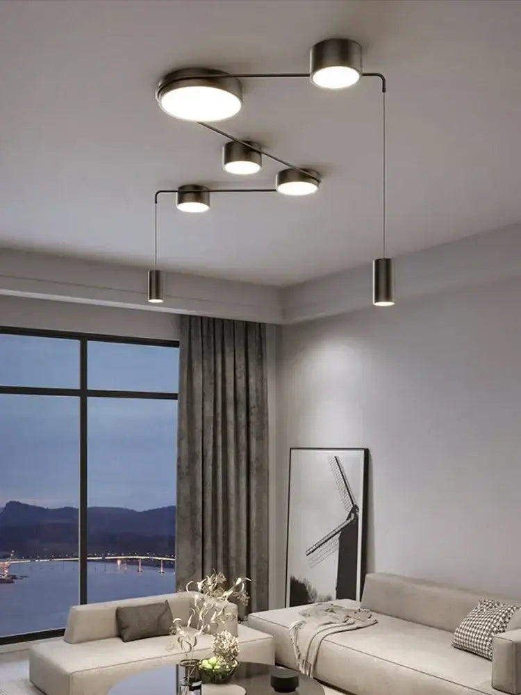 Modern brushed metal decorbites black led ceiling light fixture with five circular bulbs for indoor lighting