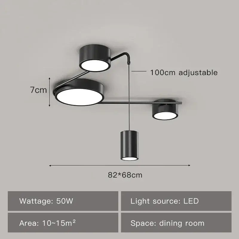Modern black led chandelier by decorbites featuring adjustable cylindrical arms and hanging pendant for indoor lighting