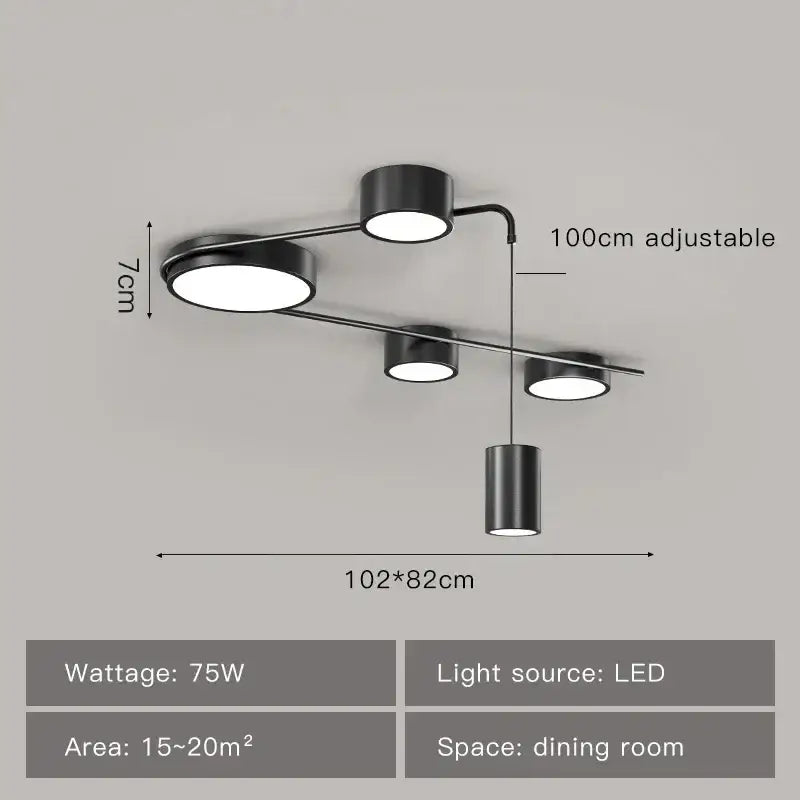 Modern black metal led ceiling light fixture with four circular bulbs and adjustable arms from decorbites black led chandelier series