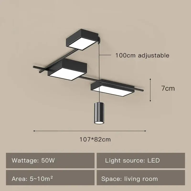 Modern black led ceiling light fixture with three square panels and one hanging cylindrical lamp by decorbites black led