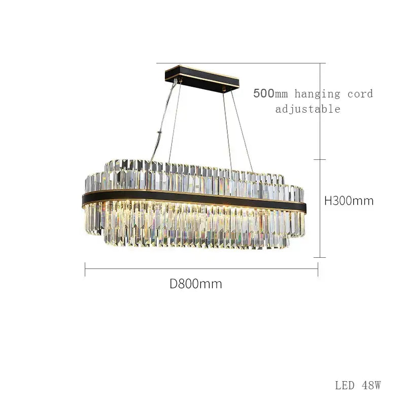 Elegant DecorBites black LED crystal chandelier with two-tier clear crystal prisms and adjustable cord for dining room luxury design