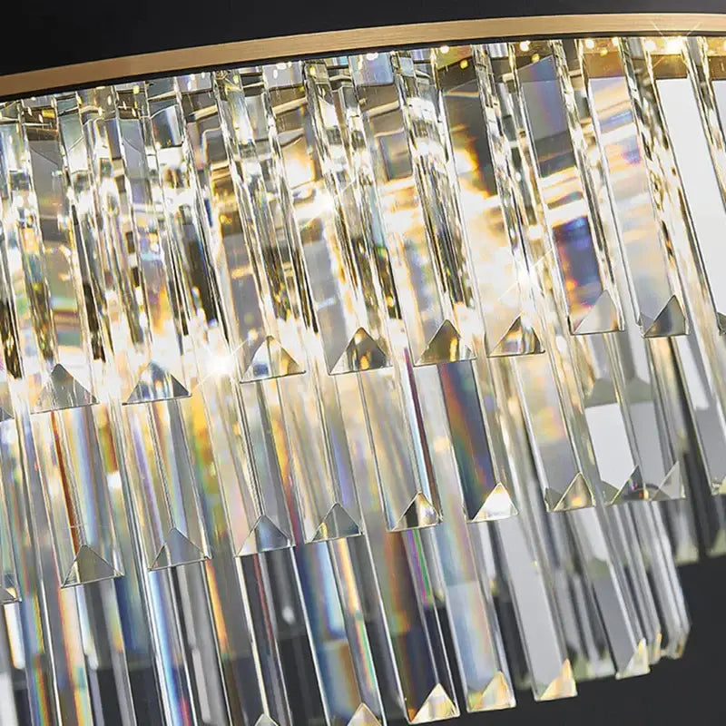 Decorbites black led crystal chandelier with cascading clear triangular prisms and gold-toned metal frame for dining room luxury design
