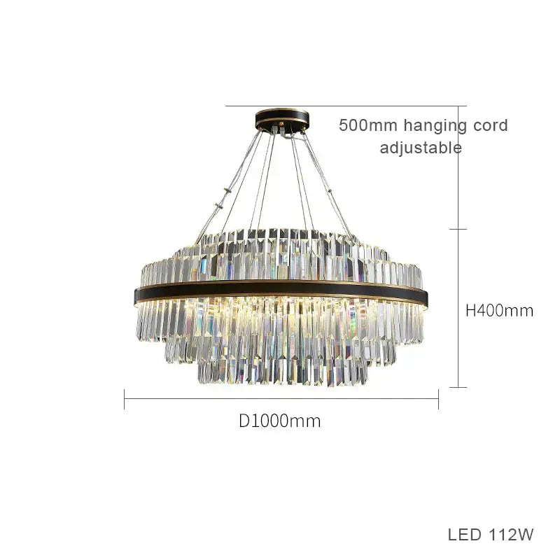 Decorbites black led crystal chandelier with tiered clear prisms and bronze gold rings for luxury dining room design