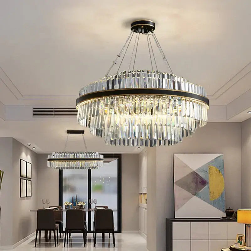 DecorBites black led crystal chandelier with black and gold frame and clear glass prisms for luxury dining room design