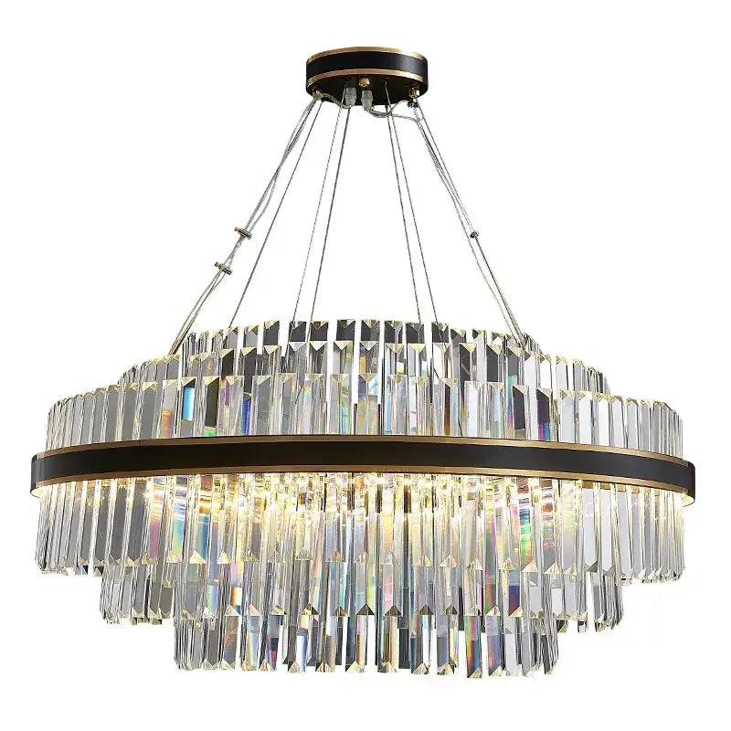 DecorBites black LED crystal chandelier with clear faceted prisms and black gold metal for luxury dining room design