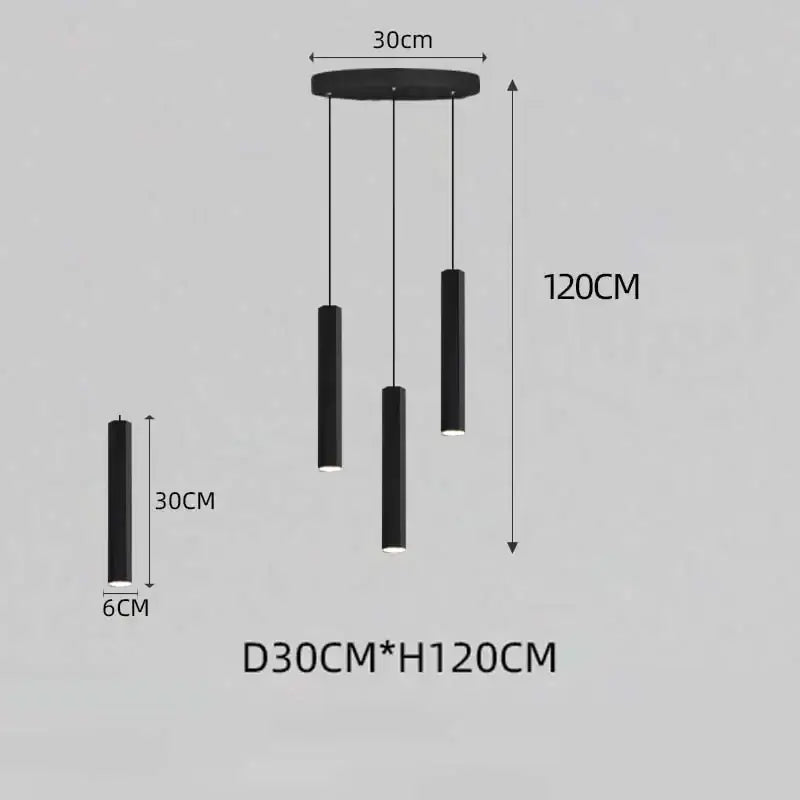 Decorbites black led modern nordic cylindrical pendant light with three rods and circular ceiling mount for staircase