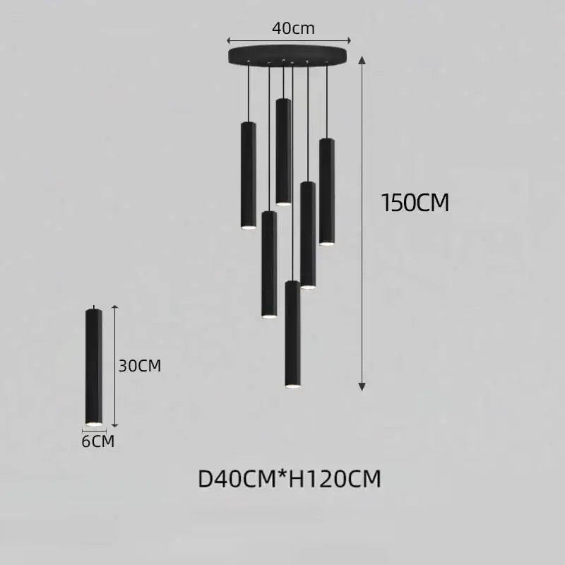 Decorbites black led cylindrical pendant chandelier with modern minimalist nordic design and led crystal staircase style
