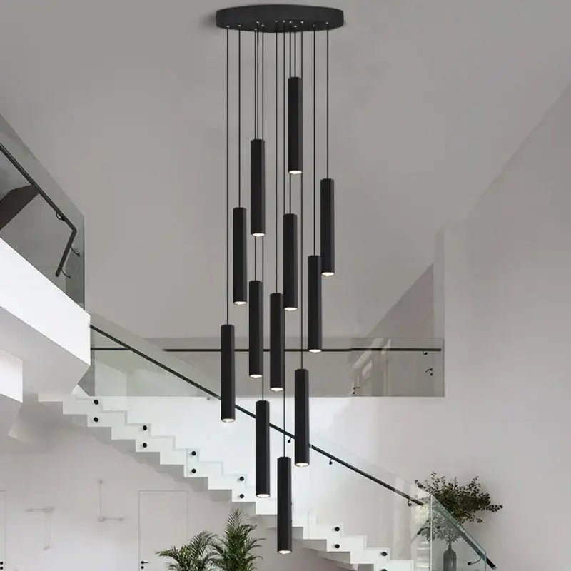 Modern black decorbites black led crystal staircase chandelier with cylindrical pendant and circular ceiling mount