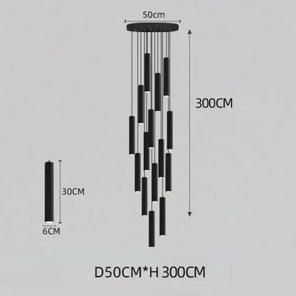 Modern decorbites black led crystal staircase chandelier with black cylindrical pendant lights and varying hanging rod lengths
