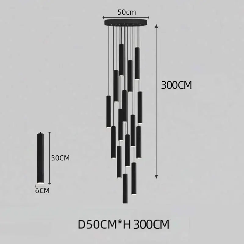 Modern decorbites black led crystal staircase chandelier with black cylindrical pendant lights and varying hanging rod lengths