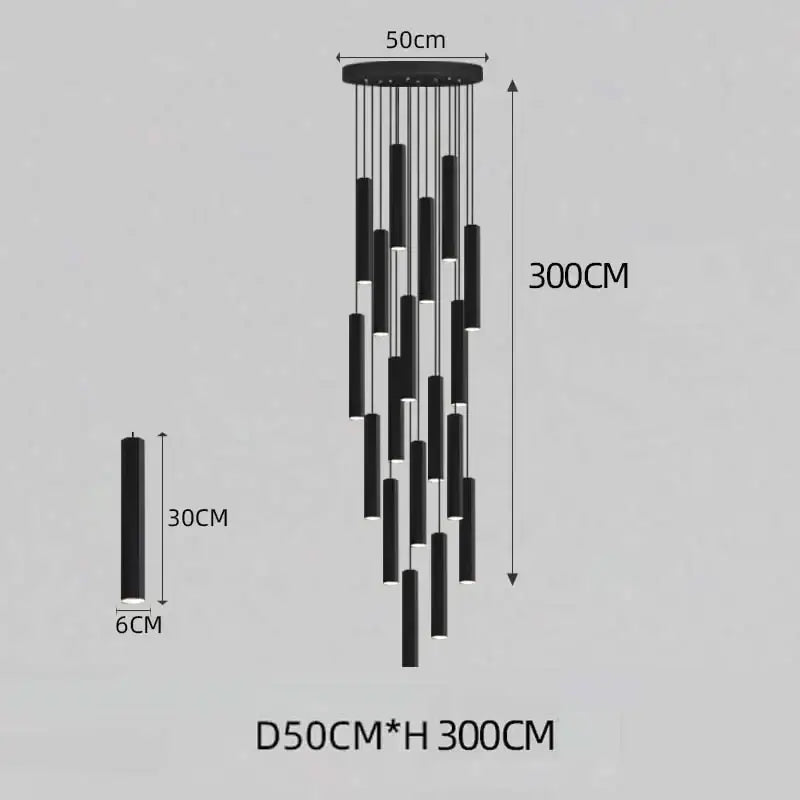 Decorbites black led crystal staircase chandelier with modern black cylindrical pendant rods and illuminated sections