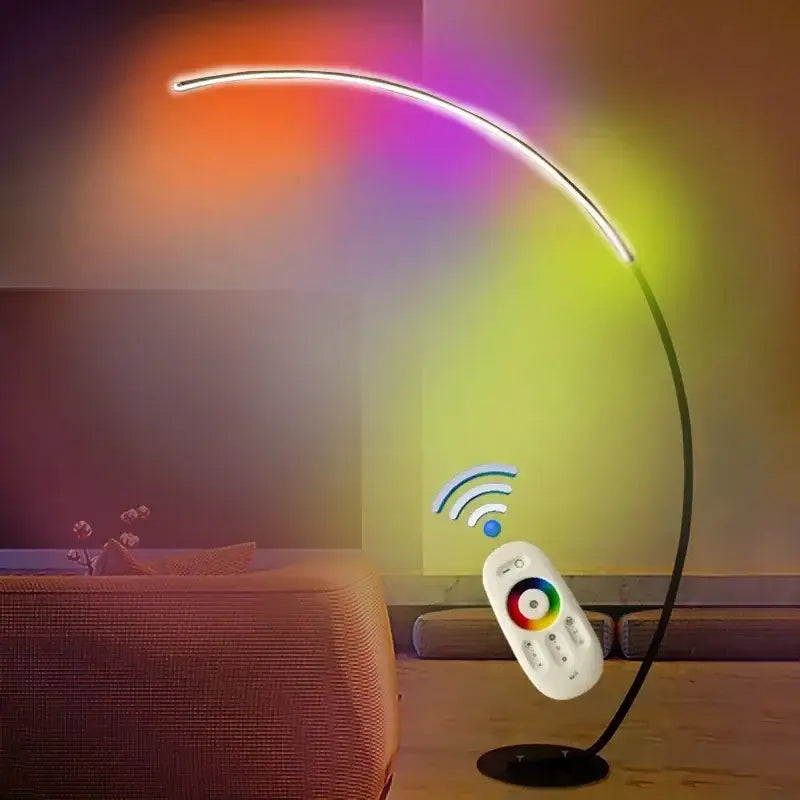 A sleek decorbites black led dimming floor lamp with curved black metal frame and vibrant rainbow lighting effects