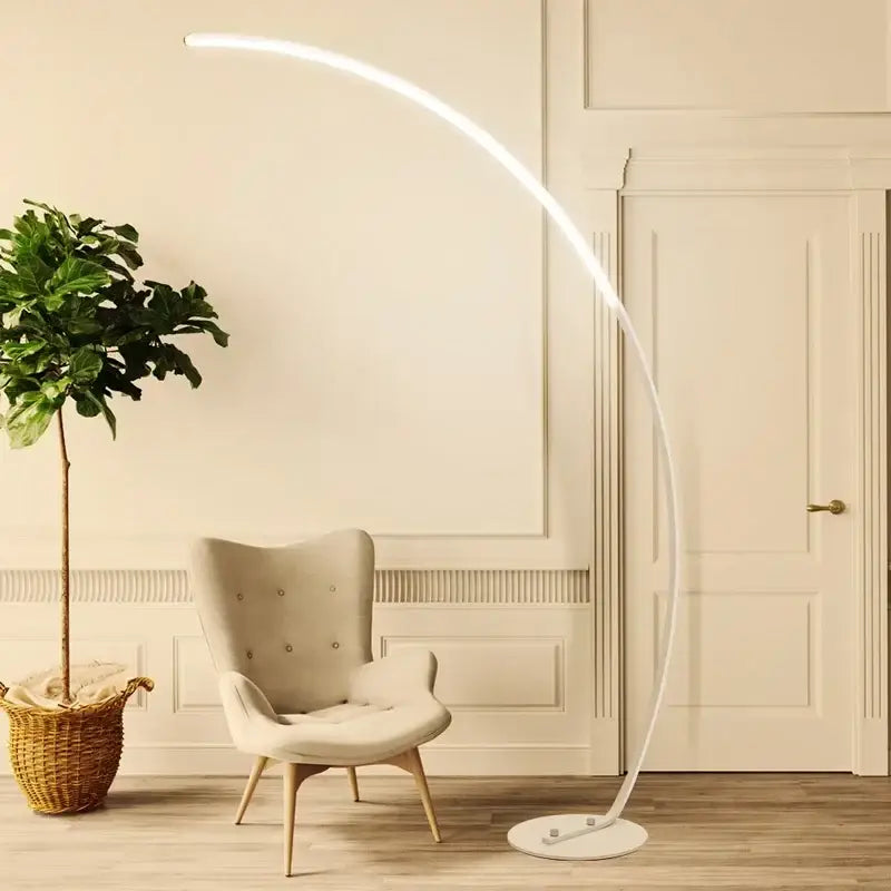 Decorbites black led dimming floor lamp with sleek curved white design and circular base for bedroom and living room use