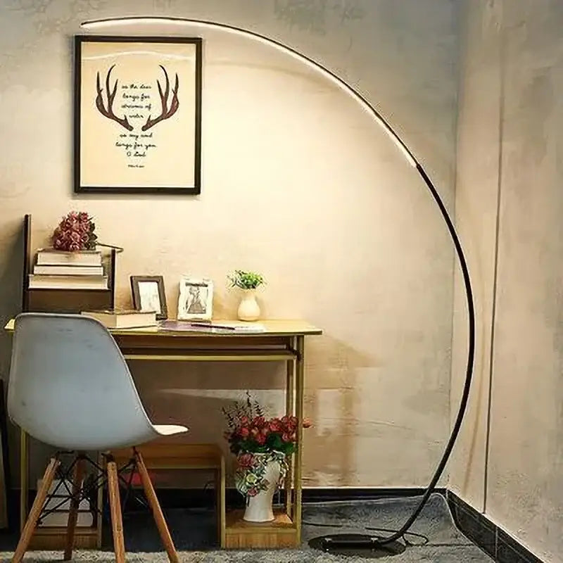 Black curved arc floor lamp with sleek minimalist design featuring decorbites black led dimming for modern living spaces